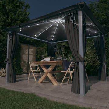 vidaXL Prieel met gordijn LED-lichtslinger 3x3 m aluminium, Verzenden, Nieuw