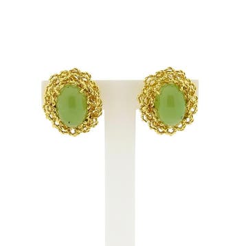 18 Krt. Gouden oorclips met chrysopraas (Oorbellen), Sieraden, Tassen en Uiterlijk, Gebruikt, Ophalen of Verzenden, Met edelsteen