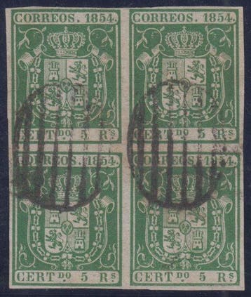Spanje 1854 - Escudo de España. 5 reales, groen. - Edifil 26, Gestempeld