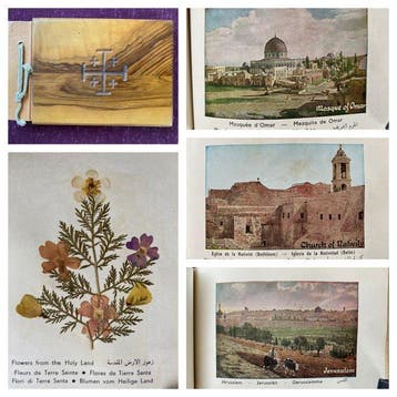 - - Antique Holy Land Souvenir Album – Olive Wood Cover &