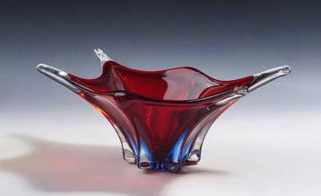 Schaal - Sommerso robijnrood en blauw glas • Mid Century