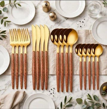 Bestekset (16) - 16-delig luxe goud bestekset met houten