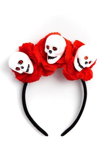 KIMU® Haarband Skull Rode Rozen Skelet Bloemen Diadeem Hallo, Ophalen of Verzenden, Nieuw, Halloween, Accessoires