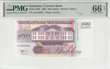 1998 Suriname 100 Gulden Pick 139b Pmg Gem Unc 66 Epq, Verzenden