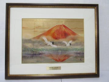 Traditional Japanese Art: Red Fuji and Two Cranes - Hokush