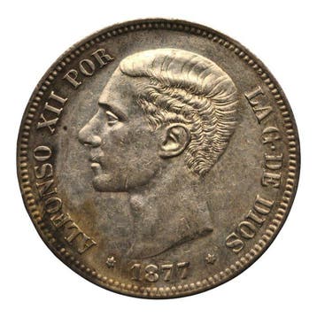 Spanje. Alfonso XII. 5 Pesetas 1877*77 DEM, Postzegels en Munten