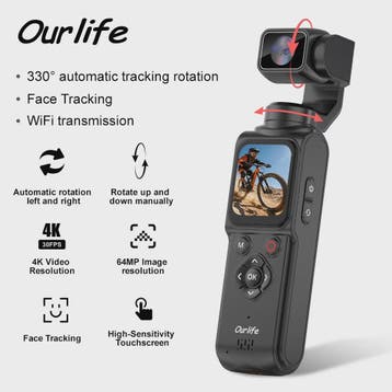 Ourlife 4K Actiecamera met 330° Face Tracking Gimbal Stabili, Verzenden, Nieuw