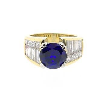 Gouden entourage ring met synthetische saffier en diamanten, Gebruikt, Overige kleuren, Ophalen of Verzenden, Kleiner dan 17
