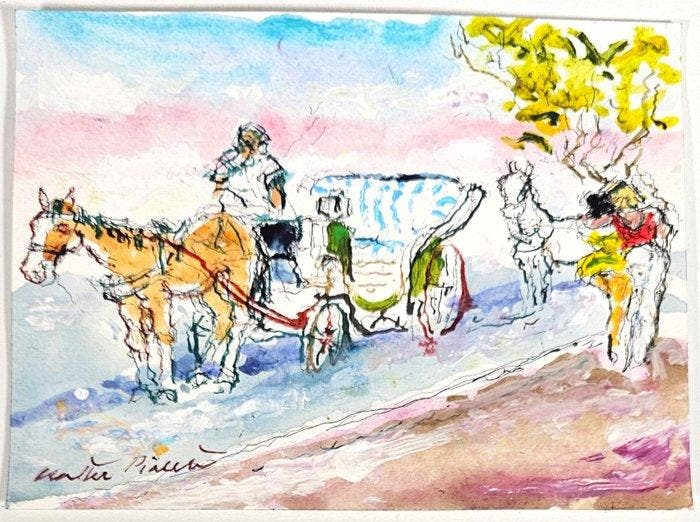 Walter Piacesi (1929-2022) - Lattesa del vetturale, Antiek en Kunst, Kunst | Schilderijen | Modern