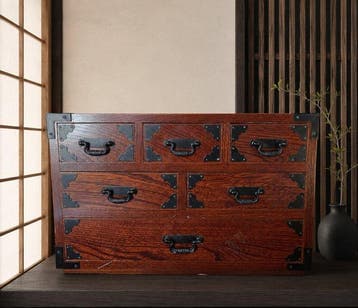Japanse brede tansu-kist met zes lades – W34.5cm × H22cm -