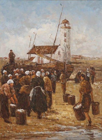 Hollandse School (XX) - Menigte op strand