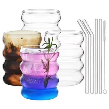 Set van 4 Geribbelde Glazen Bekers met Rietjes Drinkglazen, Verzenden, Nieuw