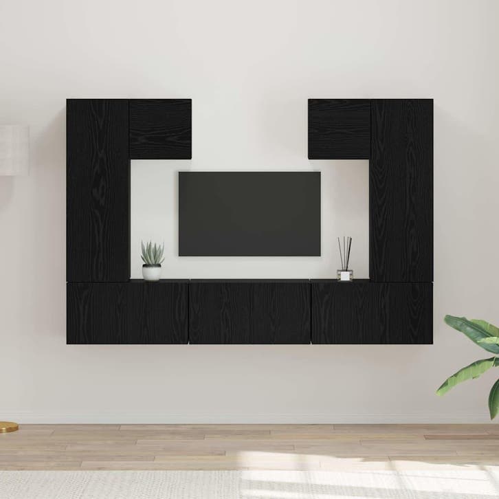 vidaXL Tv-meubelset Wandgemonteerd 7 pcs Zwart Eiken Bewerkt, Huis en Inrichting, Kasten | Televisiemeubels, Nieuw, Minder dan 50 cm