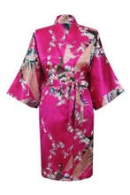 KIMU® Kimono Donkerroze Kort L-XL Yukata Satijn Boven de Kni, Ophalen of Verzenden, Nieuw, Maat 42/44 (L), Carnaval
