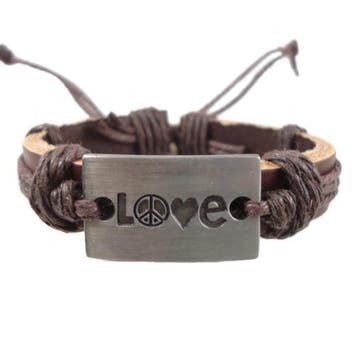 Fako Bijoux - Armband - Leder - Love Peace - Bruin, Verzenden, Nieuw