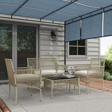 Rotan Tuinmeubelset 4-delig – incl. Zitkussens – Kaki, zwart, Tuin en Terras, 5 zitplaatsen, Nieuw, Tuinset, Bank