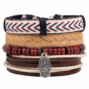 Fako Bijoux - Armband - Leder - Set Vintage - Hamsa Touw, Verzenden, Nieuw
