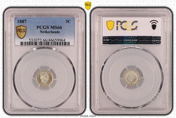 Koning Willem III 5 cent 1887 MS66 PCGS gecertificeerd, Verzenden, Munten