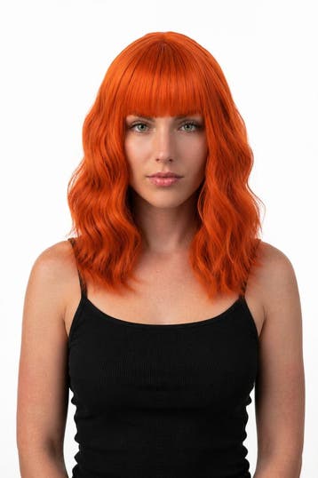 KIMU® Luxe Oranje Pruik Schouderlengte Rechte Pony Krullen R, Ophalen of Verzenden, Nieuw, Carnaval