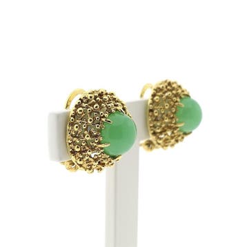 Gouden oorclips met chrysopraas (Oorbellen), Sieraden, Tassen en Uiterlijk, Oorbellen, Gebruikt, Ophalen of Verzenden, Met edelsteen