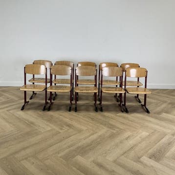 Eromes set van 10 schoolstoelen (gele stip) zithoogte 33cm, Huis en Inrichting, Stoelen, Ophalen of Verzenden, Gebruikt, Hout