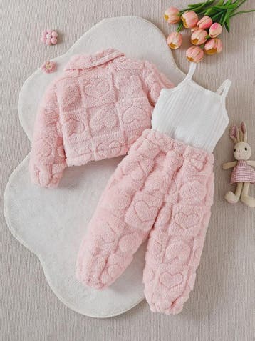 Schattige Baby Meisjes Set: Roze Pluche Jasje, Lange Broek &, Verzenden, Nieuw