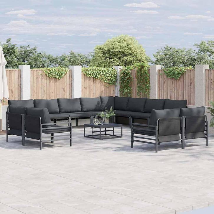 vidaXL Tuinbankenset met kussen 13 pcs Zwart Staal, Tuin en Terras, Tuinsets en Loungesets, Nieuw, 3 zitplaatsen, Rvs, Verzenden