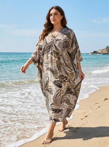 Boho rayon kaftan jurk - Beige Bruin Desert Paisley, Ophalen of Verzenden, Nieuw
