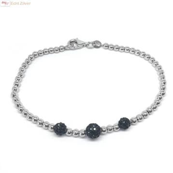 Zilveren balletjes armband 3 zwarte bling kristallen, Verzenden, Nieuw, Zilver