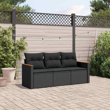 vidaXL 3-delige Loungeset met kussens poly rattan zwart, Verzenden, Nieuw, Loungeset