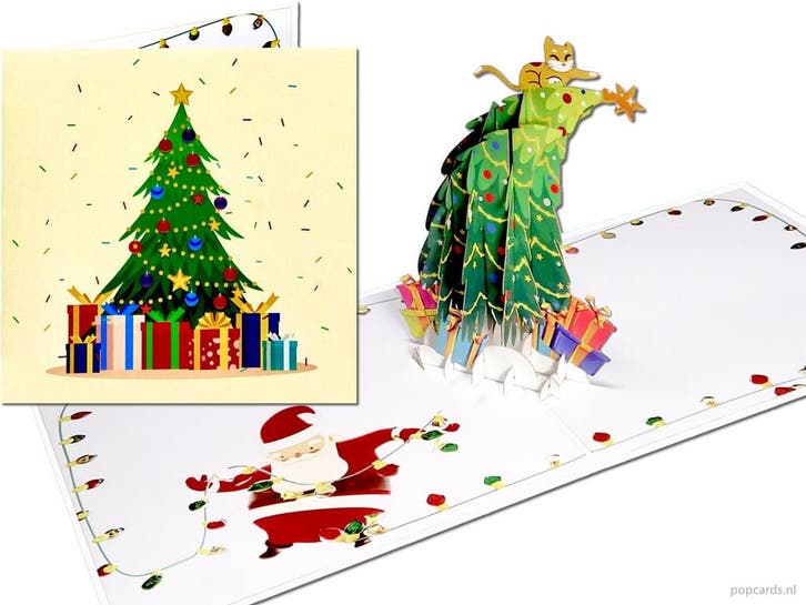 Grappige Kerstkaart Kerstboom Poes op Piek pop-up kaart, Diversen, Wenskaarten, Verzenden