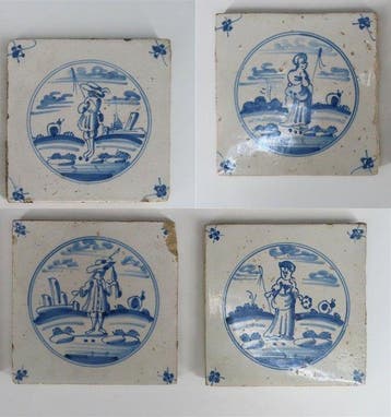 Tegel (4) - Four Dutch Delft blue and white tiles with
