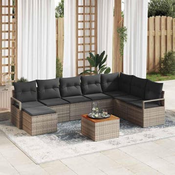 vidaXL Tuinbankenset met kussen 9 pcs Grijs poly rattan, Verzenden, Nieuw, Rotan, Meer dan 8 zitplaatsen