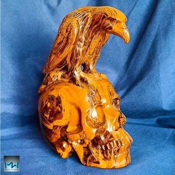 Sculptuur van een kraai op een menselijke schedel, met de