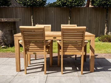 Teak tuinstel 80x160cm + 4 stapelstoelen en kussens!, 4 zitplaatsen, Teakhout, Nieuw, Ophalen of Verzenden