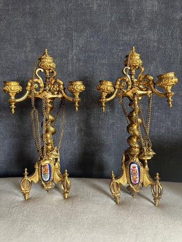 Kaarsenhouder (2) - Verguld brons - Zeldzaam & met wapen