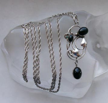 Zilver, Onyx - Ketting met hanger - Art Nouveau-stijl