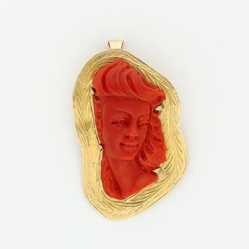 Broche - 18 karaat Geel goud - Bloedkoraal