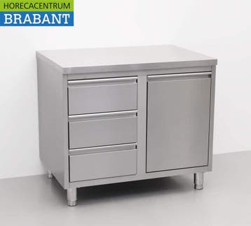 HCB RVS Werkkast Kast Werktafel Afvalbak en 3 laden 100 cm, Ophalen of Verzenden, Nieuw in verpakking