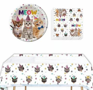 41-delige set Happy Cats met bordjes,servetten en tafelkleed, Dieren en Toebehoren, Ophalen of Verzenden, Nieuw