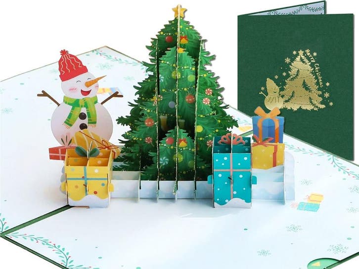 Kerstkaart Sneeuwpop Kerstboom en Cadeautjes pop-up kaart, Diversen, Wenskaarten, Verzenden