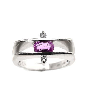 Witgouden ring met roze saffier en diamant; 0,06 ct., Gebruikt, Ophalen of Verzenden, Kleiner dan 17, Roze