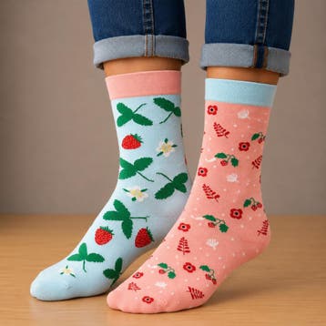 Sokken - Aardbeien Print - Blauw Roze Rood - Katoen - Maat, Nieuw
