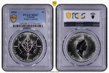 Canada 1 oz Maple Leaf 1994 PCGS MS67 gecertificeerd, Verzenden, Noord-Amerika, Losse munt, Zilver