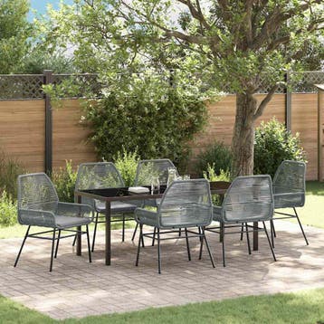 vidaXL Tuin eettafelset met kussen 7 pcs Grijs poly rattan, Verzenden, Nieuw, Rotan, 7 zitplaatsen