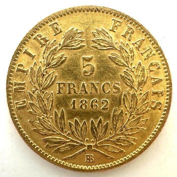 Frankrijk. Napoléon III. 5 Francs 1862-BB Strasbourg (Zonder