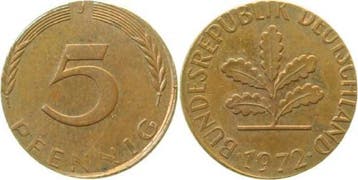 Duitsland Fehlpraegung 5 Pfennig 1972 J auf 1pfennig -ron..., Verzenden
