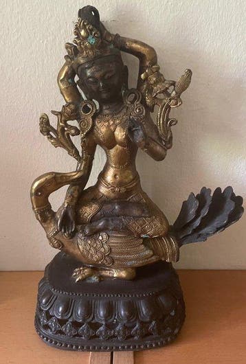 Saraswati op een zwaan - Brons - Nepal - Begin/ Midden van, Antiek en Kunst, Kunst | Niet-Westerse kunst