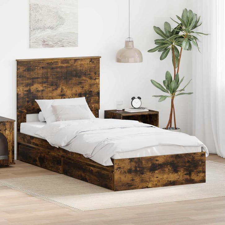 vidaXL Opslag bed met lade Gerookt eiken 90 x 190 cm Bewerkt, Huis en Inrichting, Slaapkamer | Bedden, Bruin, Nieuw, Hout, Verzenden