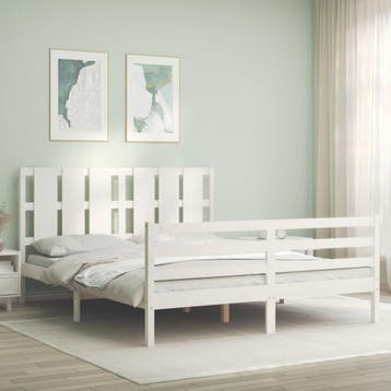 vidaXL Bedframe met hoofdbord massief hout wit 160x200 cm, Huis en Inrichting, Slaapkamer | Bedden, Verzenden, Wit, 200 cm, 160 cm